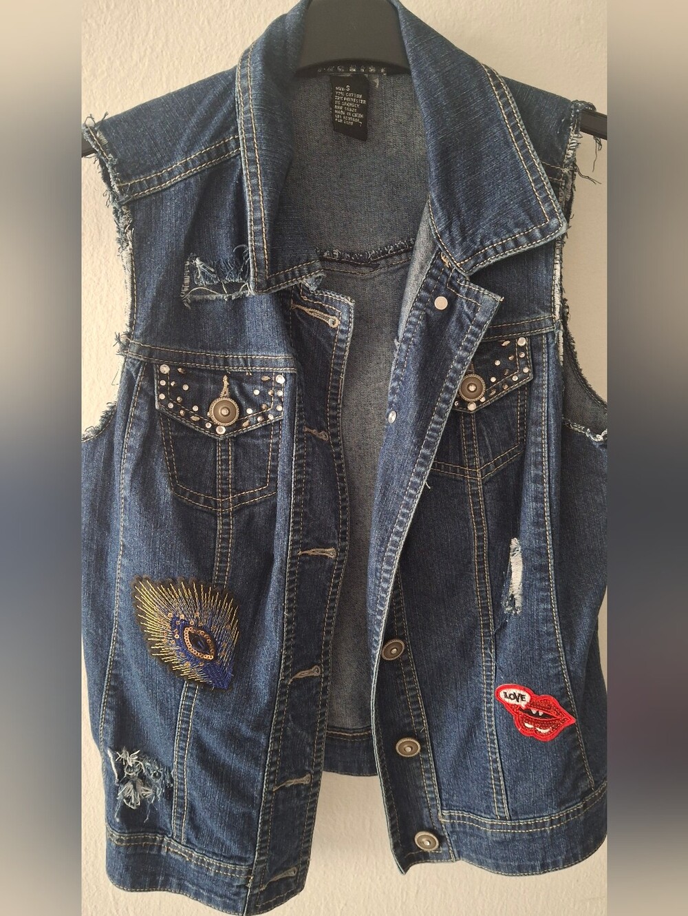 Baccini Dark Blue Denim Vest with Embroidered Patches